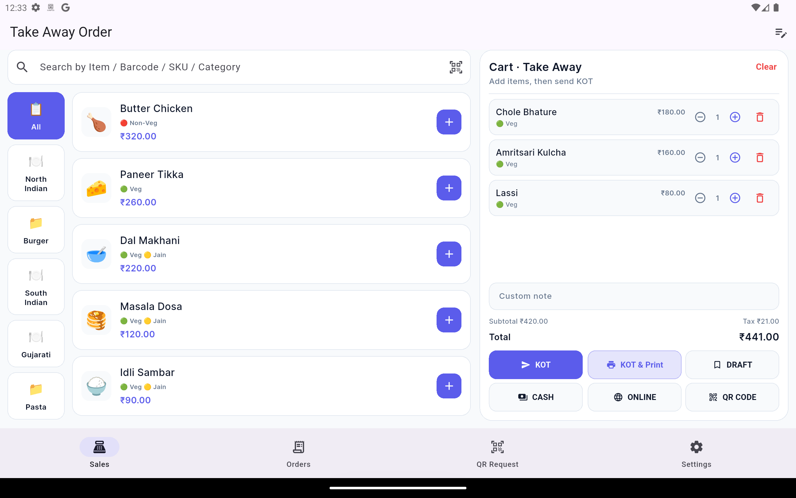 Counter sales cart with KOT and payment actions