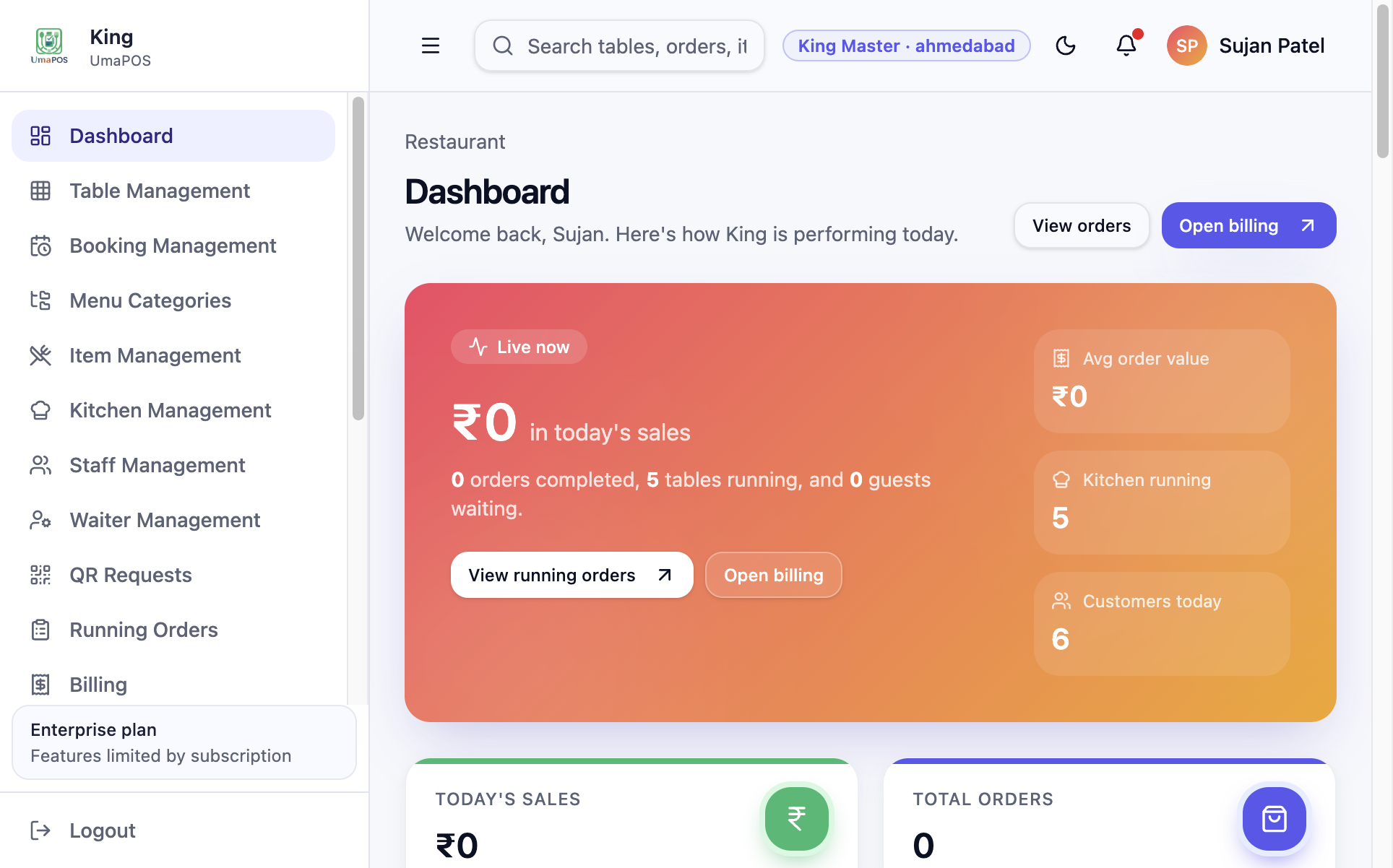 Restaurant panel dashboard with sales, tables, and live operations