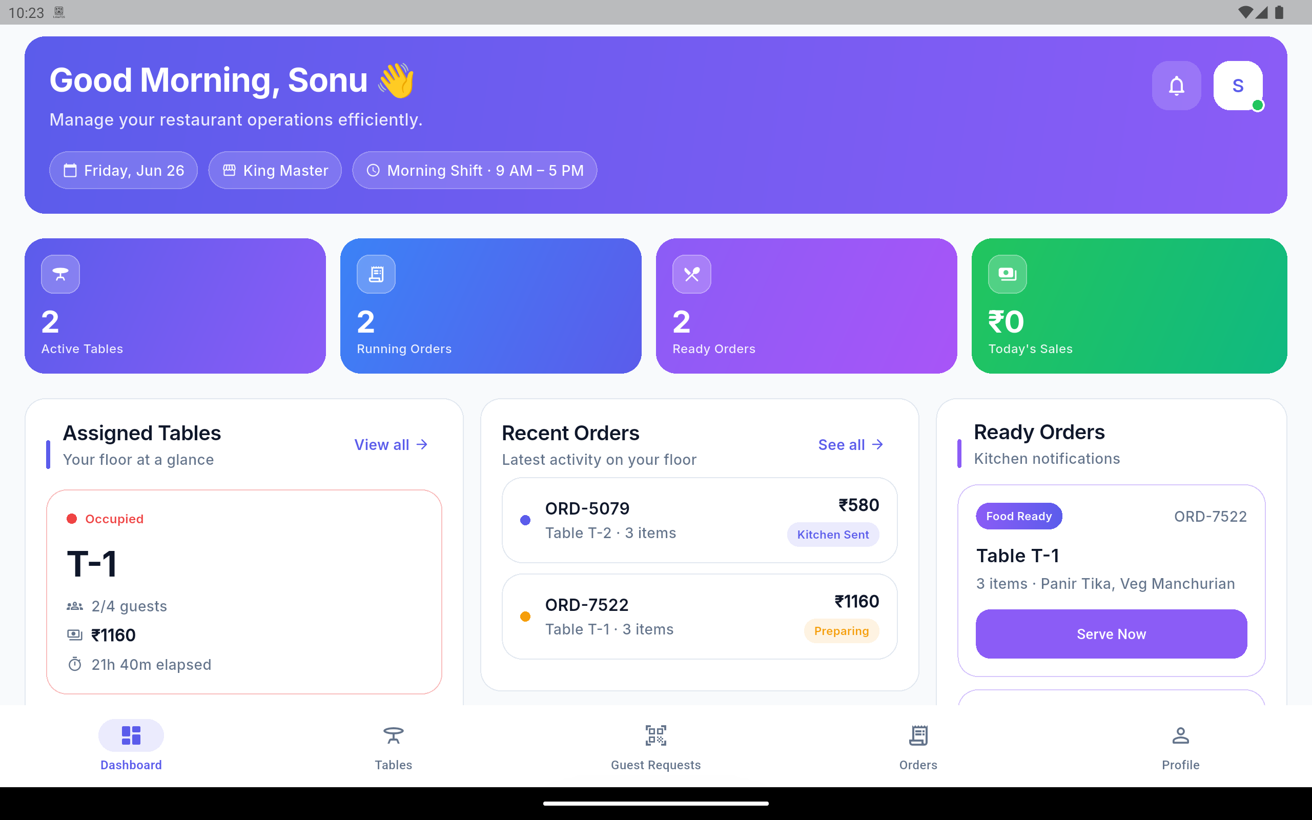 Waiter dashboard with active tables and ready orders